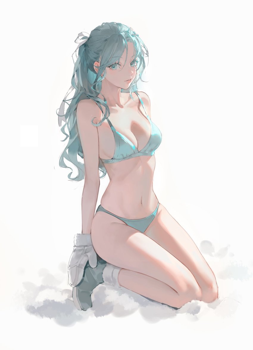 1girl, aqua_bikini, aqua_boots, aqua_eyes, aqua_hair, bikini, boots, bra