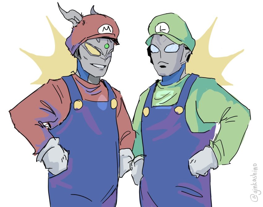 2boys, alien, blue_eyes, blue_overalls, cosplay, frown, ginka_(ginkashino), green_headwear, green_shirt, hatanaka_tasuku, luigi, luigi_(cosplay), male_focus, mario, mario_(cosplay), mario_(series), miyano_mamoru, multiple_boys, nintendo, overalls, parted_lips, red_headwear, red_shirt, shirt, smile, the_super_mario_bros._movie, tokusatsu, twitter_username, ultra_series, ultraman_z, ultraman_z_(original), ultraman_z_(series), ultraman_zero, voice_actor_connection