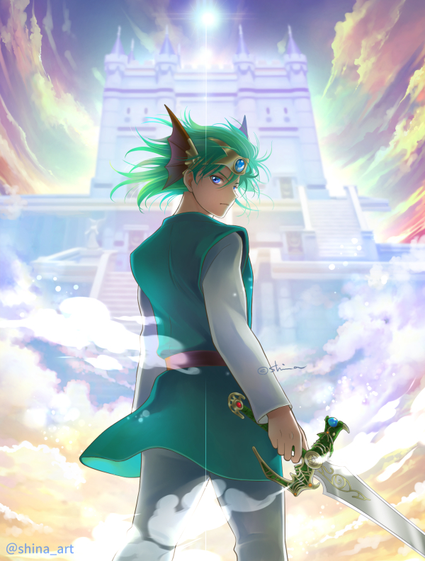 1boy, belt, blue_eyes, blue_sky, closed_mouth, cloud, cloudy_sky, dragon_quest, dragon_quest_iv, floating_castle, from_behind, green_hair, green_tunic, headpiece, hero_(dq4), holding, holding_sword, holding_weapon, long_sleeves, looking_at_viewer, male_focus, pants, shina_art, shirt, sky, solo, standing, sun, sunlight, sword, tunic, twitter_username, weapon, white_pants, white_shirt, zenithian_sword