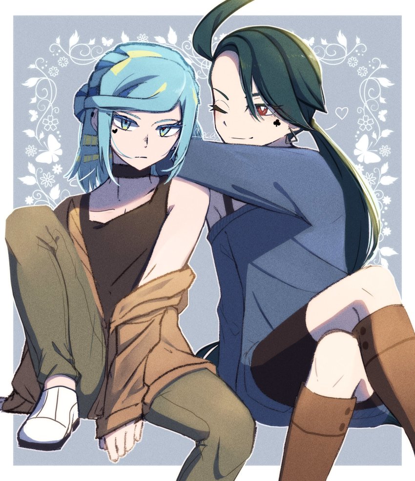 1boy, 1girl, ahoge, alternate_costume, boots, border, brown_footwear, brown_jacket, brown_shirt, choker, closed_mouth, commentary_request, green_hair, green_pants, grey_background, grusha_(pokemon), highres, jacket, knees, long_hair, looking_at_viewer, mocacoffee_1001, nintendo, off-shoulder_sweater, off_shoulder, one_eye_closed, pants, pokemon, pokemon_scarlet_and_violet, ponytail, rika_(pokemon), shirt, shoes, sleeveless, sleeveless_shirt, smile, sweater, tank_top, white_border, white_footwear