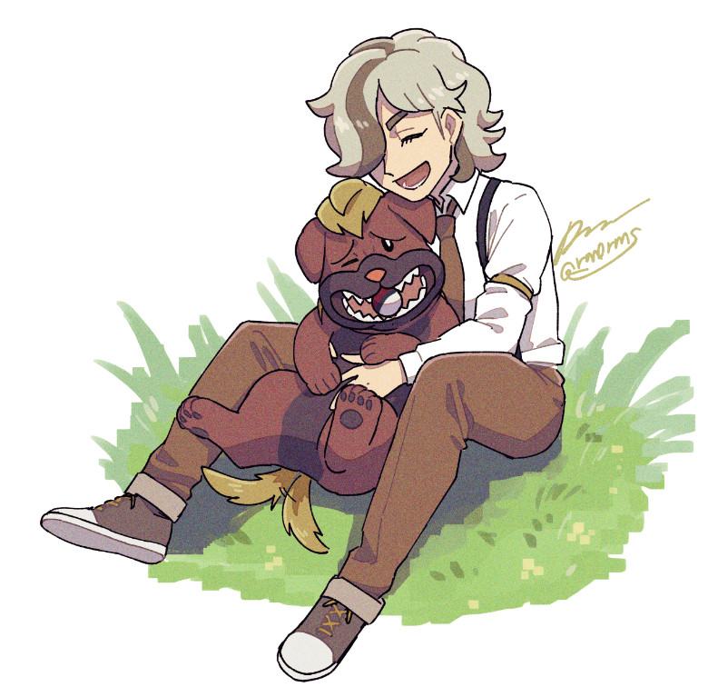 1boy, :d, aged_down, arven_(pokemon), brown_footwear, brown_necktie, brown_pants, closed_eyes, commentary_request, eyelashes, grass, hair_over_one_eye, long_sleeves, lower_teeth_only, male_focus, maschiff, medium_hair, necktie, nintendo, open_mouth, pants, pokemon, pokemon_(creature), pokemon_scarlet_and_violet, sagemaru-br, shirt, shoes, signature, sitting, smile, sneakers, suspenders, teeth, white_shirt