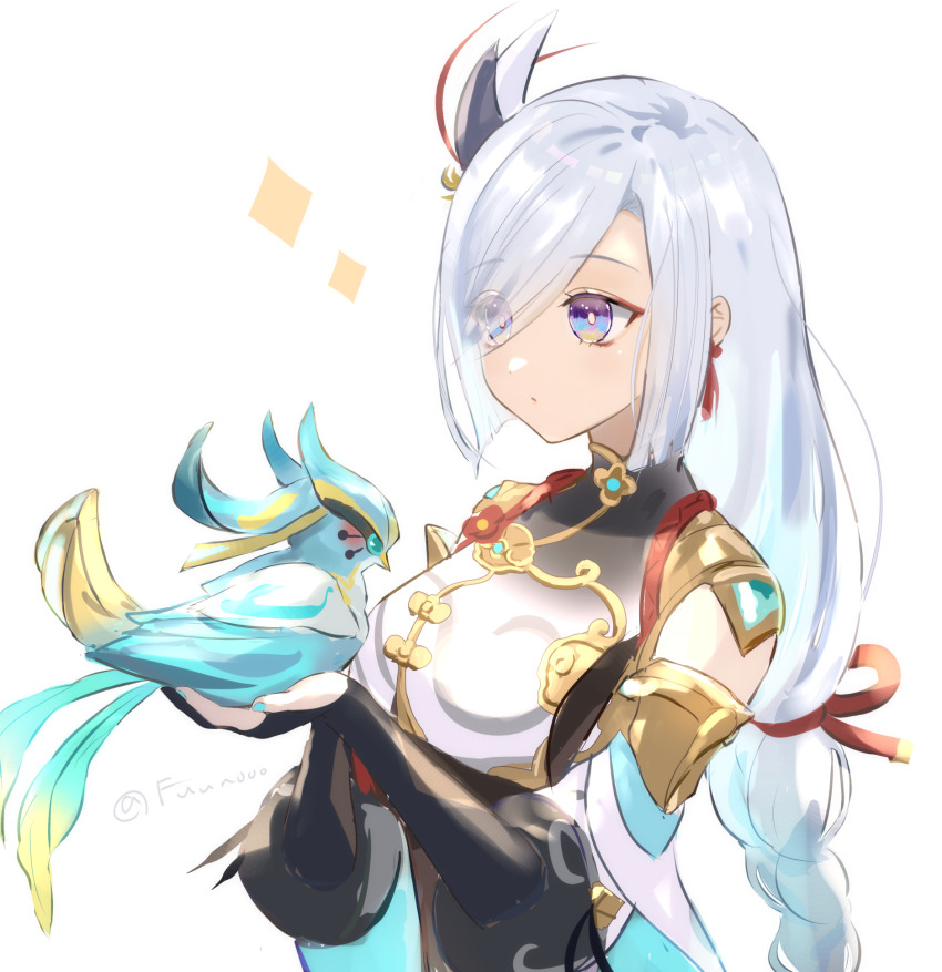 1girl, :o, aqua_nails, artist_name, bird, black_bodysuit, black_gloves, blush, bodysuit, bodysuit_under_clothes, braid, bright_pupils, closed_mouth, cloud_retainer_damasked_device_(genshin_impact), commentary_request, crop_top, earrings, elbow_gloves, eyelashes, eyeshadow, fingernails, fujito_(call_f_), genshin_impact, gloves, gold_trim, hair_ornament, hair_over_one_eye, hands_up, highres, holding, jewelry, long_hair, low-braided_long_hair, low-tied_long_hair, makeup, nail_polish, one_eye_covered, parted_bangs, partially_fingerless_gloves, puffy_sleeves, purple_eyes, red_eyeshadow, shenhe_(genshin_impact), short_sleeves, sidelocks, simple_background, solo, swept_bangs, tassel, tassel_earrings, twitter_username, upper_body, white_background, white_pupils, wide_sleeves