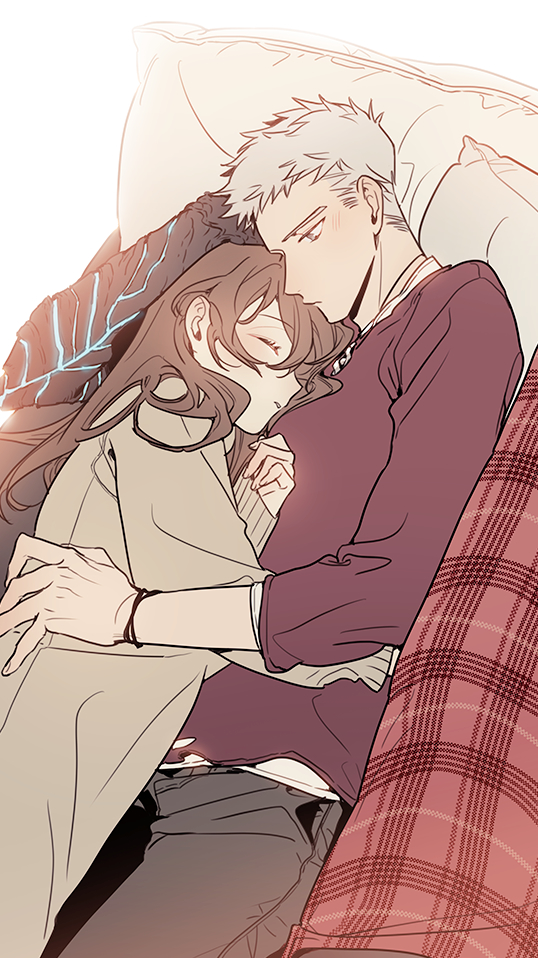 1boy, 1girl, black_pants, brown_hair, closed_eyes, couple, cuddling, devil_may_cry_(series), head_on_chest, hetero, honey_dogs, kyrie_(devil_may_cry), long_sleeves, lying, nero_(devil_may_cry), pants, pillow, short_sleeves, simple_background, white_background, white_hair