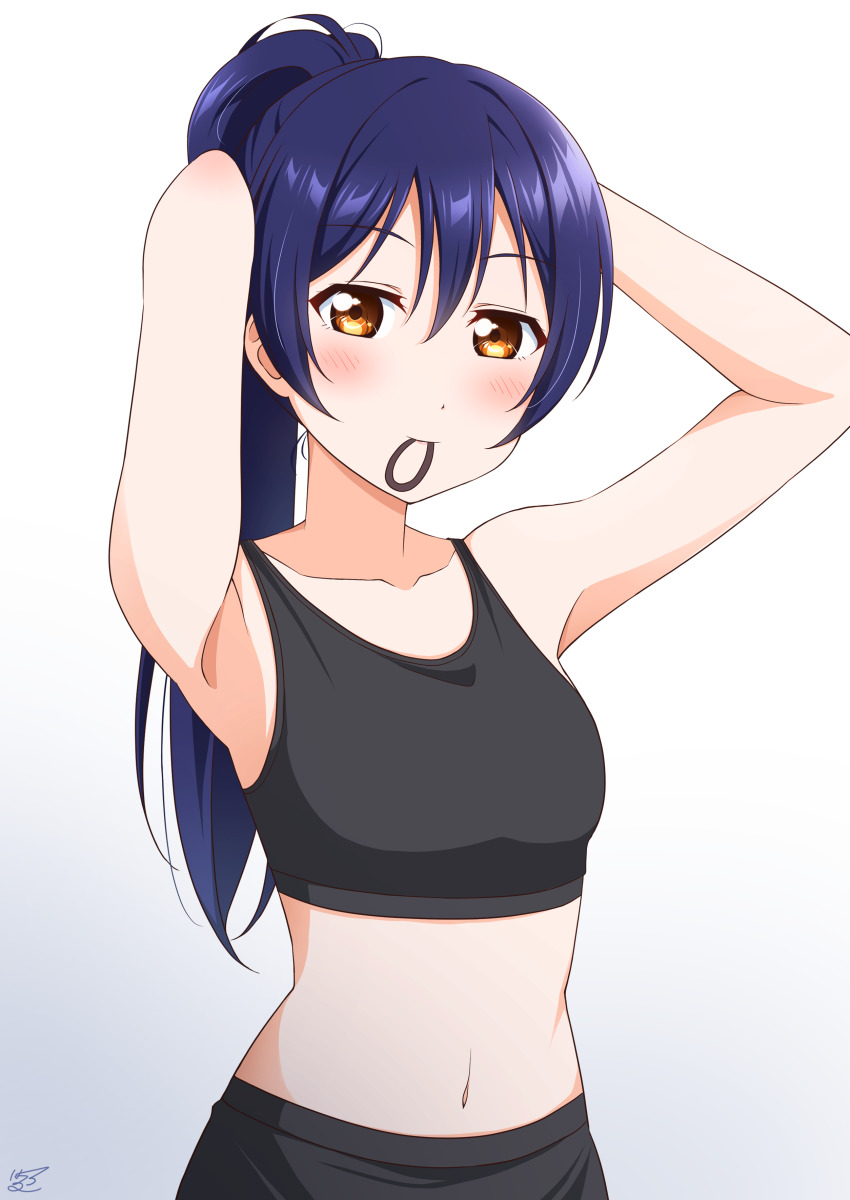 1girl, absurdres, armpits, arms_up, black_sports_bra, blue_hair, blush, closed_mouth