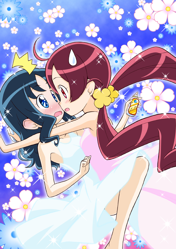 10s, 2girls, blue_eyes, blue_hair, blush, hanasaki_tsubomi, heartcatch_precure!, kurumi_erika