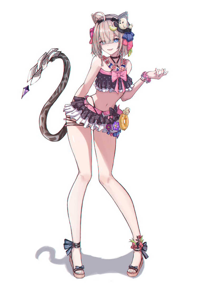 1girl, absurdres, animal_ears, bikini, black_bikini, blue_eyes, cat_ears, frilled_bikini