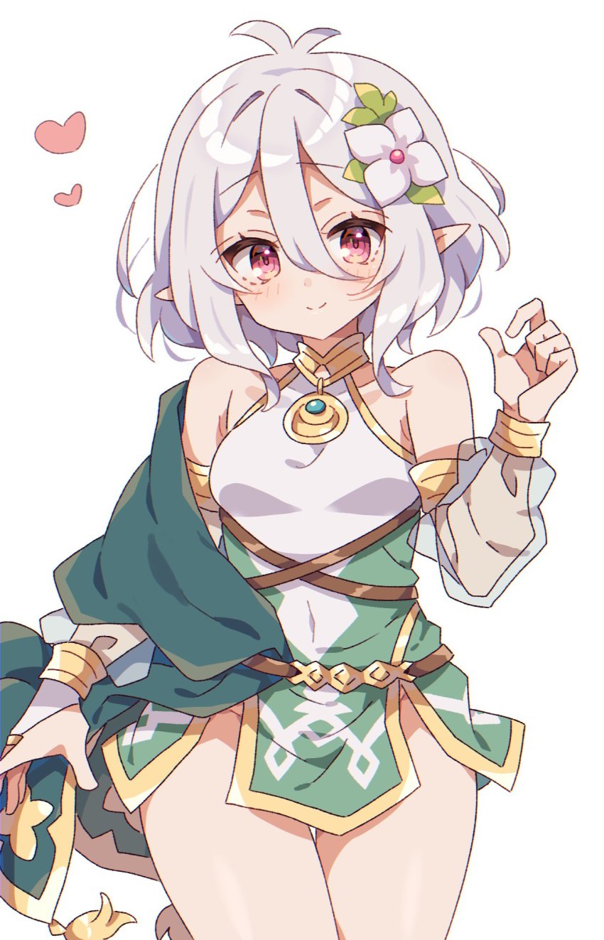 1girl, antenna_hair, bare_shoulders, blush, breasts, bridal_gauntlets, covered_navel, cowboy_shot, detached_sleeves, dress, flower, gold_trim, grey_hair, hair_between_eyes, hair_flower, hair_ornament, halterneck, heart, hi_(pontolfo), highres, kokkoro_(princess_connect!), looking_at_viewer, medium_breasts, medium_hair, no_panties, pink_eyes, pointy_ears, princess_connect!, see-through_clothes, see-through_sleeves, short_dress, sleeveless, sleeveless_dress, smile, solo, thigh_gap, thighs, two-tone_dress, white_background, white_dress, white_flower