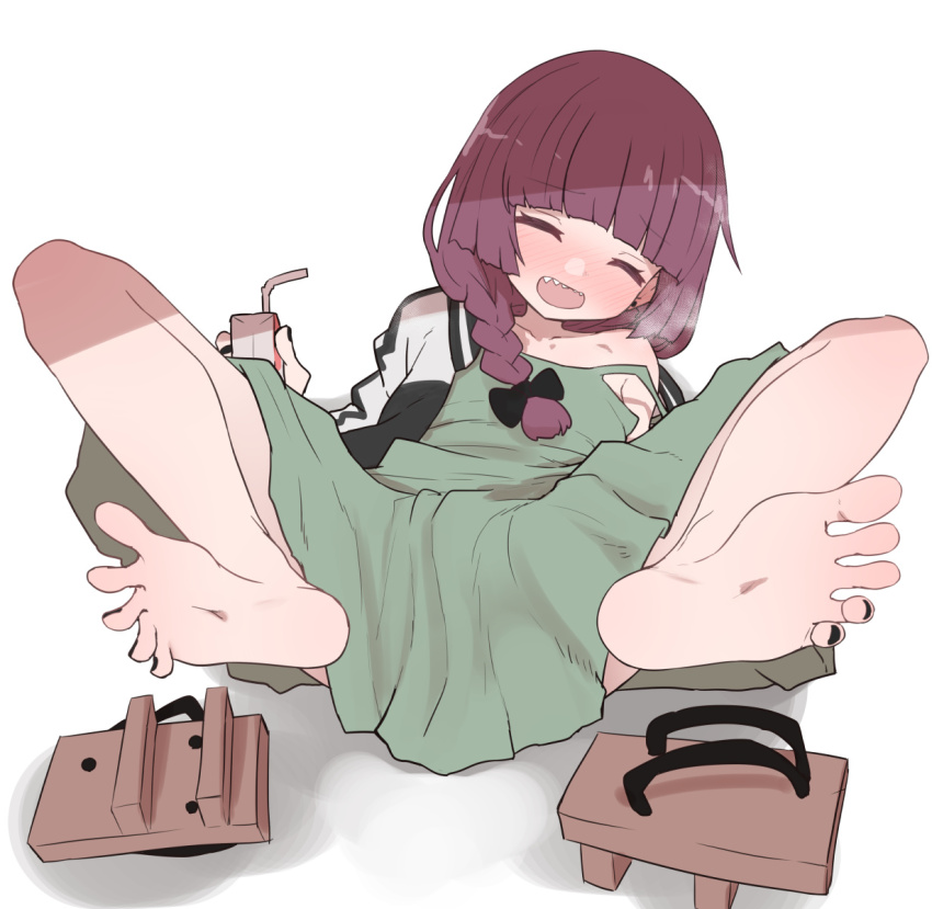 1girl, alcohol_carton, barefoot, black_bow, black_nails, blush, bocchi_the_rock!, bow