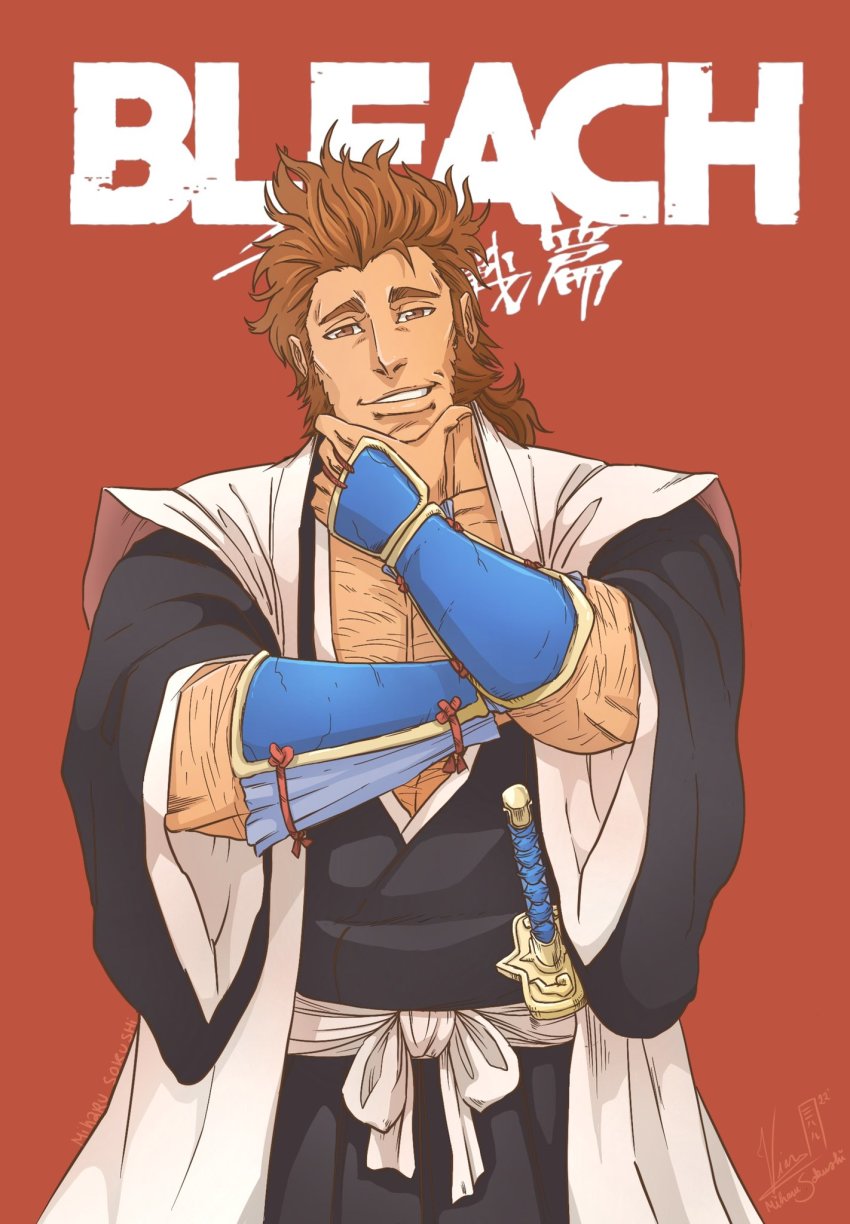 1boy, arm_guards, bleach, bleach:_sennen_kessen-hen, body_hair, brown_hair, hand_on_own_chin, haori