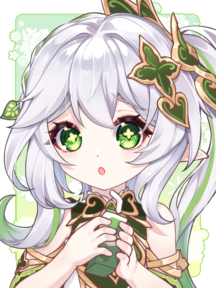 1girl, bracelet, braid, cape, commentary_request, detached_sleeves, dress, drink_carton