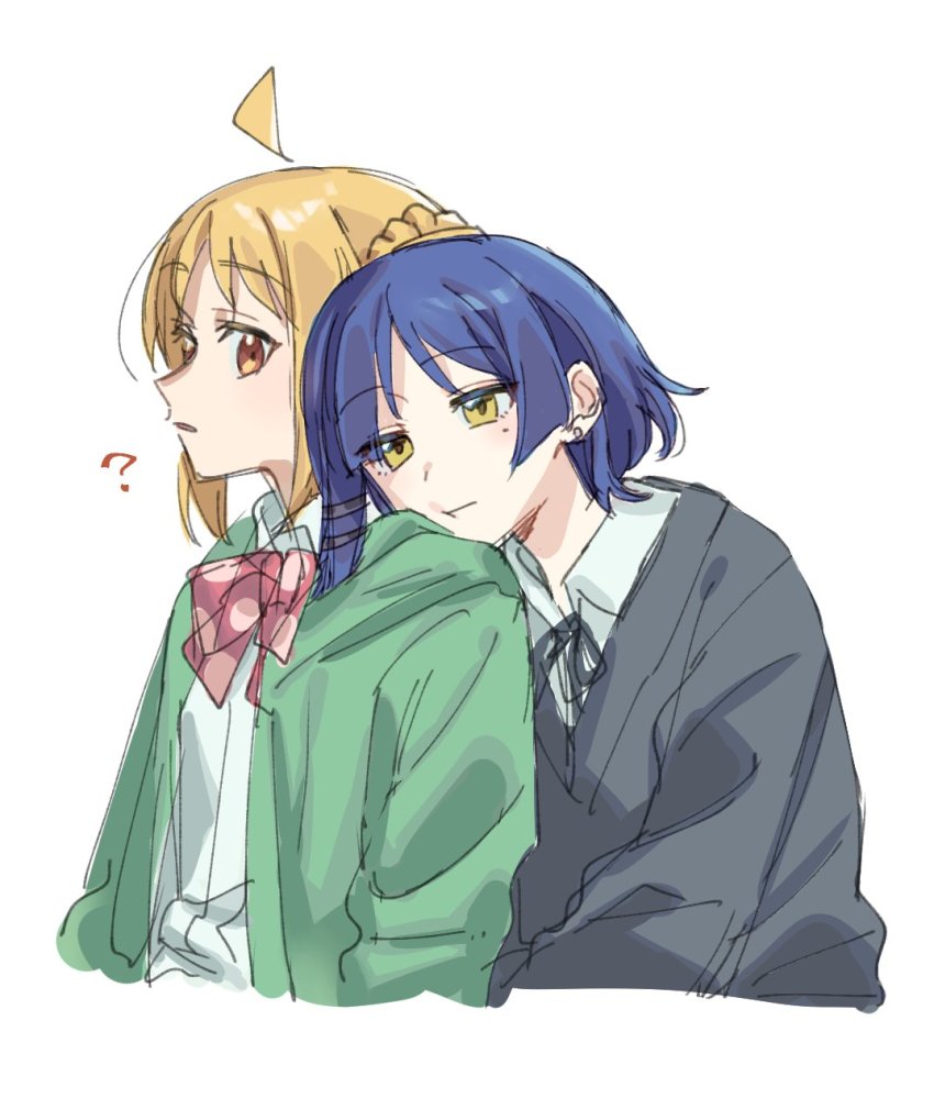 2girls, ?, ahoge, black_ribbon, blonde_hair, blue_hair, bocchi_the_rock!, bow