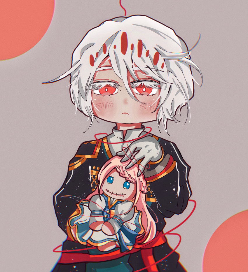 1boy, absurdres, blush, character_doll, character_request, closed_mouth, doll, gloves, grey_background, hair_between_eyes, highres, holding, holding_doll, hoshifuru_oukoku_no_nina, nina_(hoshifuru_oukoku_no_nina), oyibingxiuo, red_eyes, simple_background, solo, string, string_of_fate, uniform, white_gloves, white_hair