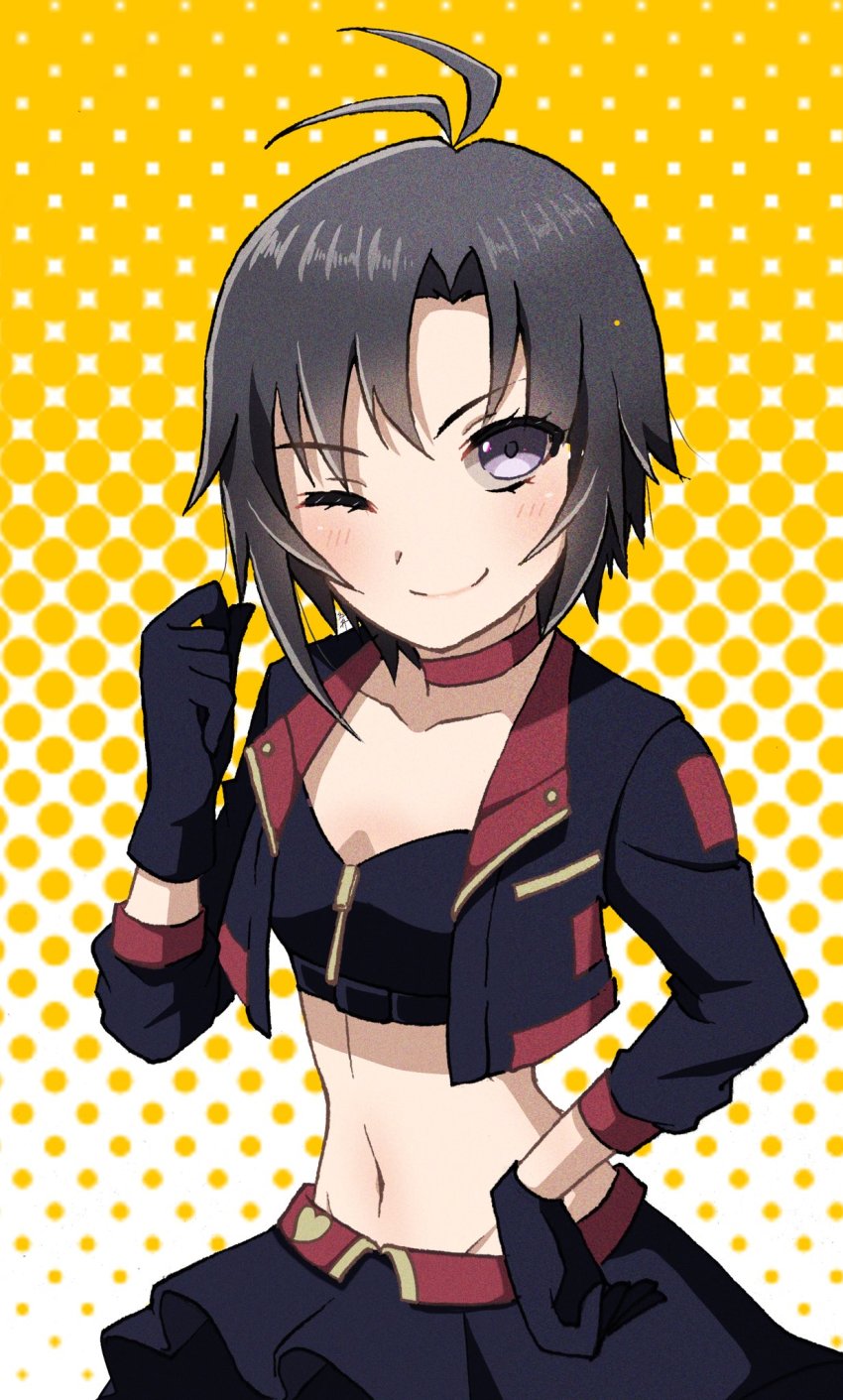 1girl, antenna_hair, bandeau, benidzuki_p, black_bandeau, black_gloves, black_hair, black_jacket