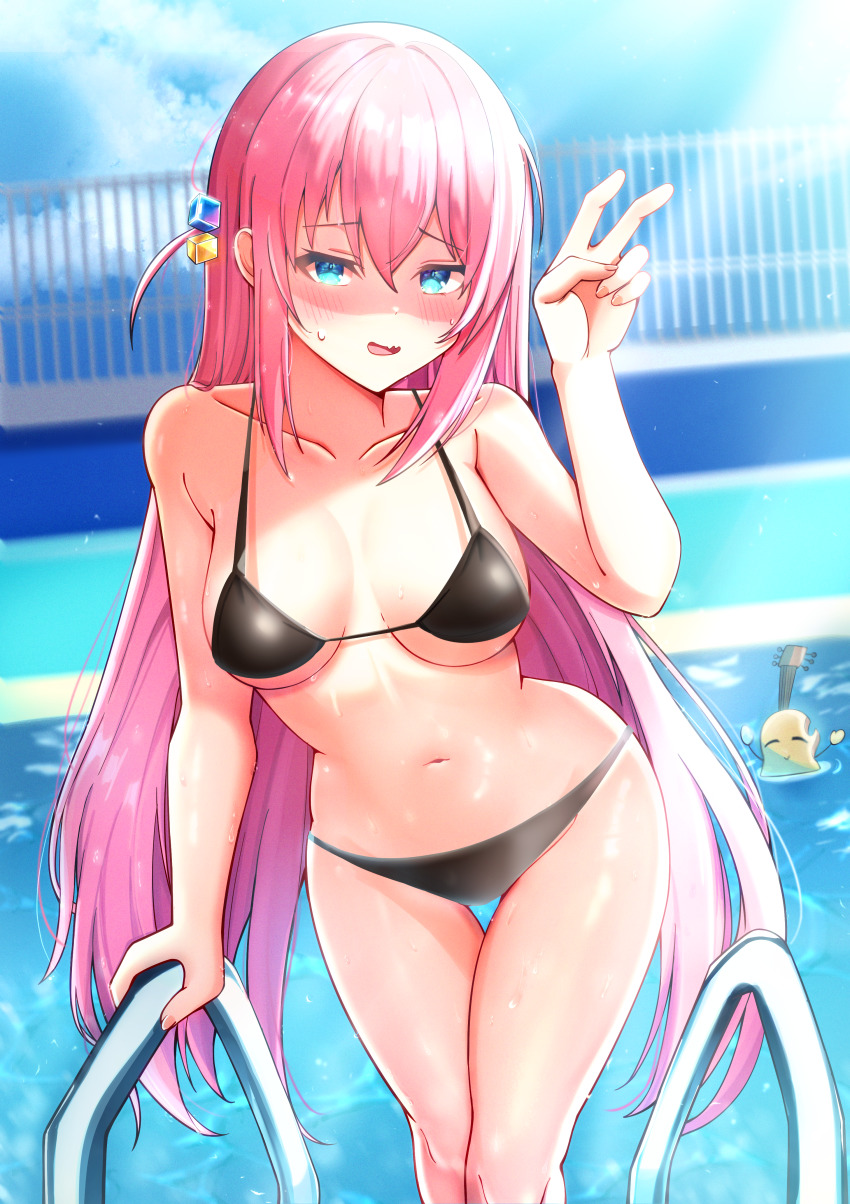 1girl, absurdres, alternate_costume, bent_v, bikini, black_bikini, blue_eyes, bocchi_the_rock!, breasts, cube_hair_ornament, gotoh_hitori, guitar, hair_between_eyes, hair_ornament, highres, instrument, large_breasts, long_hair, manakaze, navel, open_mouth, pink_hair, pool, solo, stomach, swimsuit, underboob, v