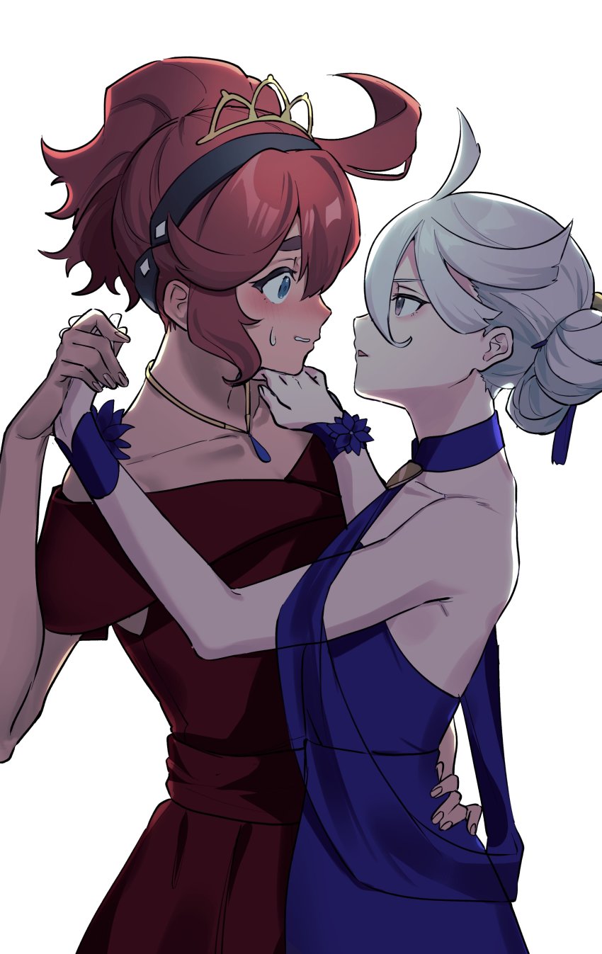 2girls, absurdres, ahoge, alternate_hairstyle, annoyed, aqua_eyes, backless_dress, backless_outfit, bare_shoulders, black_hairband, blue_dress, blush, collarbone, commentary_request, couple, dancing, dress, eye_contact, grey_eyes, grey_hair, gundam, gundam_suisei_no_majo, hair_between_eyes, hair_bun, hairband, hand_on_another's_hip, hand_on_another's_shoulder, highres, holding_hands, jewelry, kameria526, looking_at_another, miorine_rembran, multiple_girls, necklace, nervous, nervous_smile, red_dress, red_hair, short_hair, single_hair_bun, smile, strapless, strapless_dress, suletta_mercury, sweat, thick_eyebrows, tiara, yuri