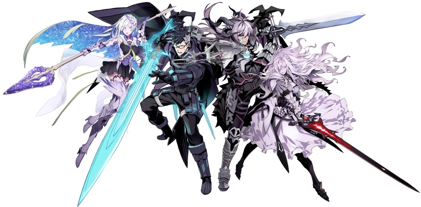 2boys, 2girls, absurdres, armor, armored_dress, brynhild_(fate), brynhild_(third_ascension)_(fate), dragon_horns
