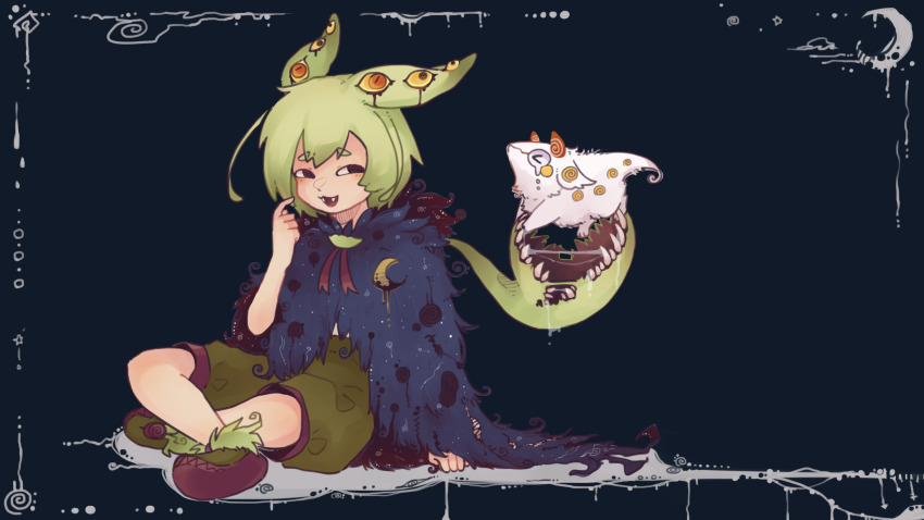 1girl, :3, @_@, absurdres, bad_link, black_eyes, caitromen, cloak, creature, crescent, crescent_moon, crossed_legs, dark_background, drooling, extra_eyes, fangs, green_hair, hand_up, highres, moon, no_pupils, open_mouth, sharp_teeth, sitting, teeth, voicevox, zundamon