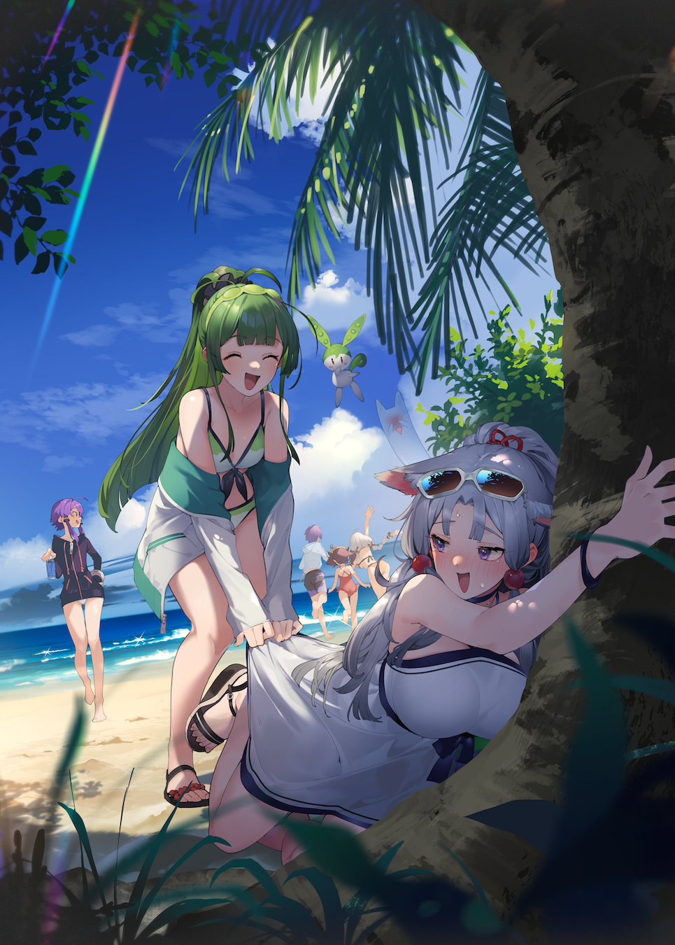 1boy, 2others, 5girls, alternate_costume, animal_ears, barefoot, beach, bikini