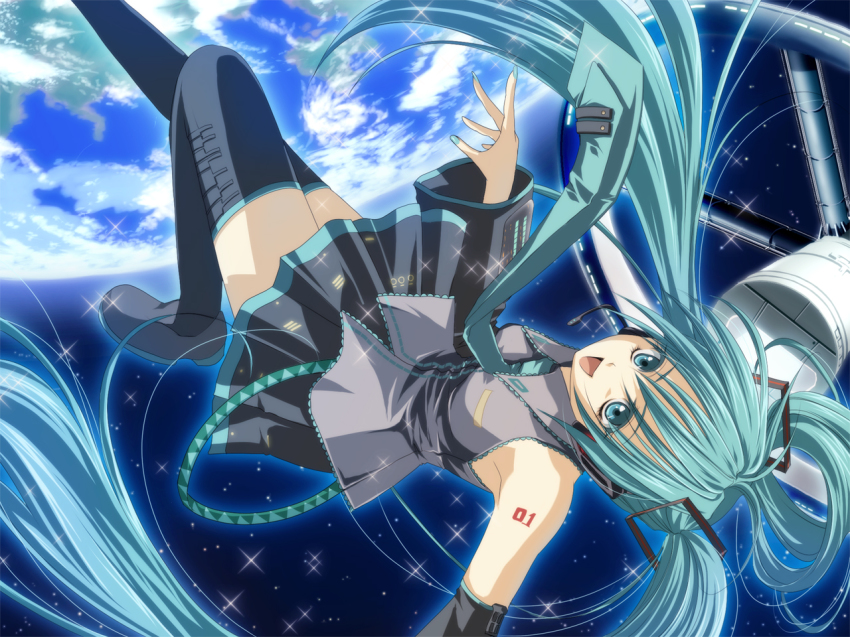 1girl, akatsuki_(spacecraft), aqua_eyes, aqua_hair, ashi_yume, detached_sleeves, earth_(planet), female_focus, hatsune_miku, long_hair, necktie, planet, skirt, smile, solo, space, spacecraft, sparkle, thighhighs, twintails, very_long_hair, vocaloid, zettai_ryouiki