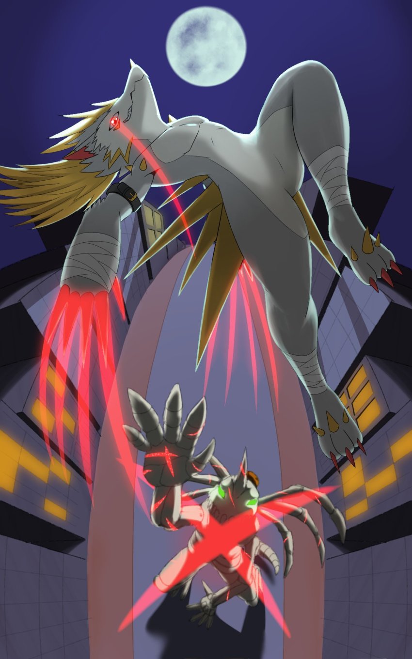 digimon, filmon, green_eyes, highres, missile, moon, skeleton, skull