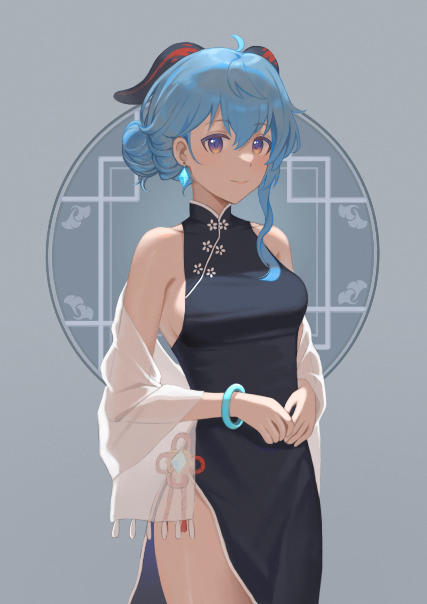 1girl, absurdres, ahoge, alternate_costume, alternate_hairstyle, architecture, black_dress, blue_hair, china_dress, chinese_clothes, commentary_request, cookieee, dress, earrings, east_asian_architecture, ganyu_(genshin_impact), genshin_impact, grey_eyes, hair_bun, highres, horns, jewelry, long_hair, looking_at_viewer, sidelocks, simple_background, sleeveless, smile, solo, vision_(genshin_impact)