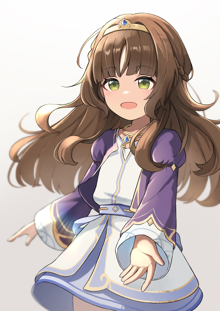 1girl, :d, absurdres, aged_down, ahoge, alternate_hairstyle, belt, blunt_bangs, brown_hair, child, commentary_request, cookieee, dunyarzad_(genshin_impact), genshin_impact, green_eyes, hair_between_eyes, highres, jewelry, long_hair, long_sleeves, looking_at_viewer, necklace, npc_(genshin_impact), open_mouth, reaching, reaching_towards_viewer, sidelocks, simple_background, smile, solo, tiara, white_background