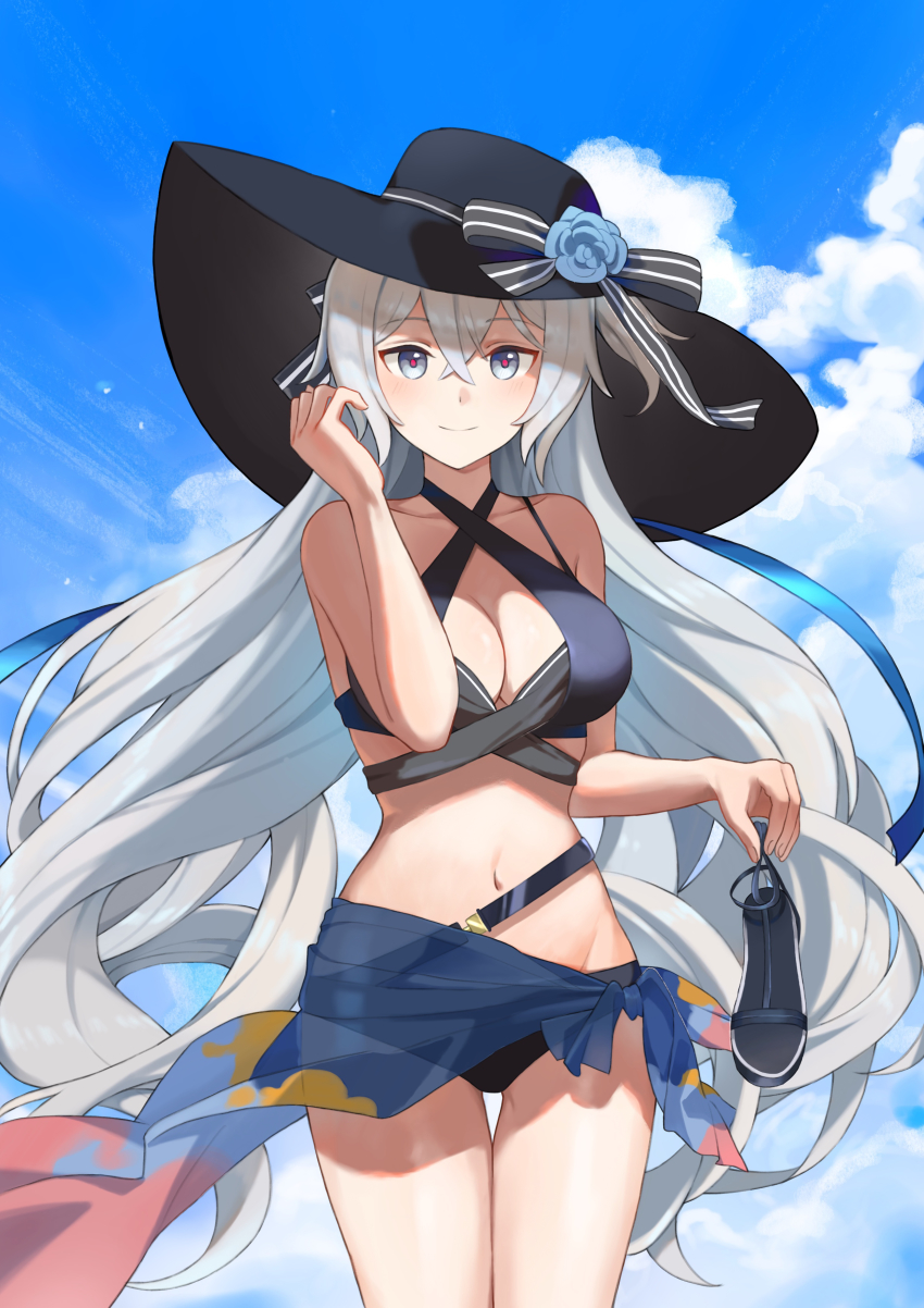 1girl, absurdres, bikini, black_bikini, blue_sky, blurry, breasts, bronya_zaychik