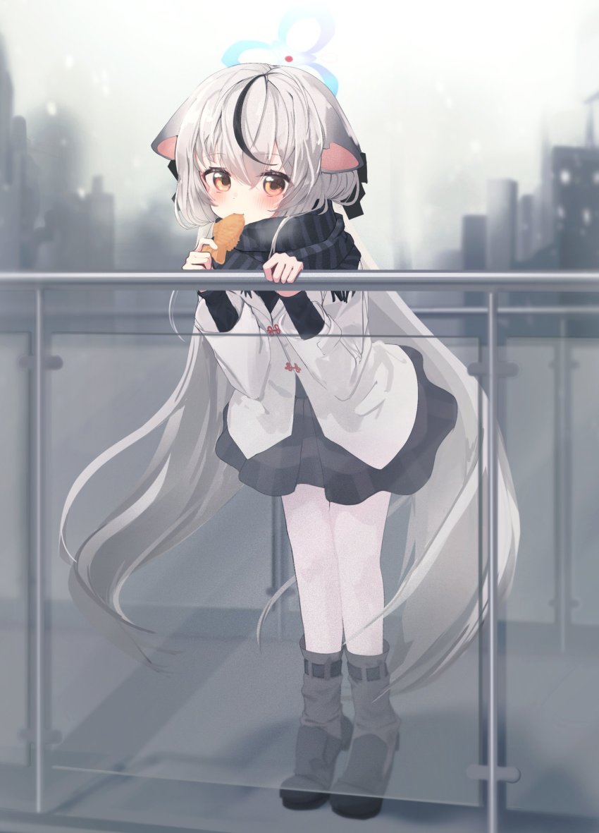 1girl, absurdres, animal_ears, blue_archive, blurry, brown_eyes, coat, commentary_request