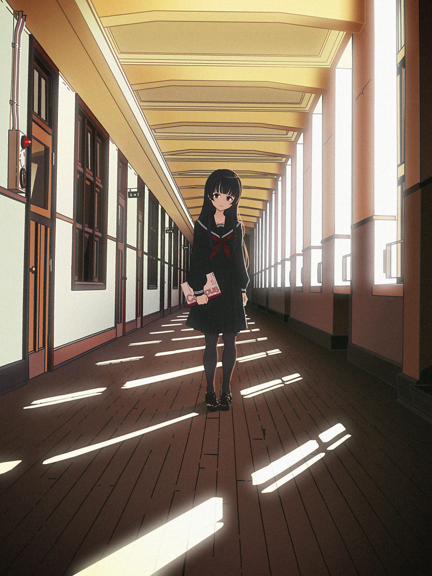 1girl, black_hair, black_pantyhose, black_shirt, black_shoes, black_skirt, blue_eyes, blunt_bangs