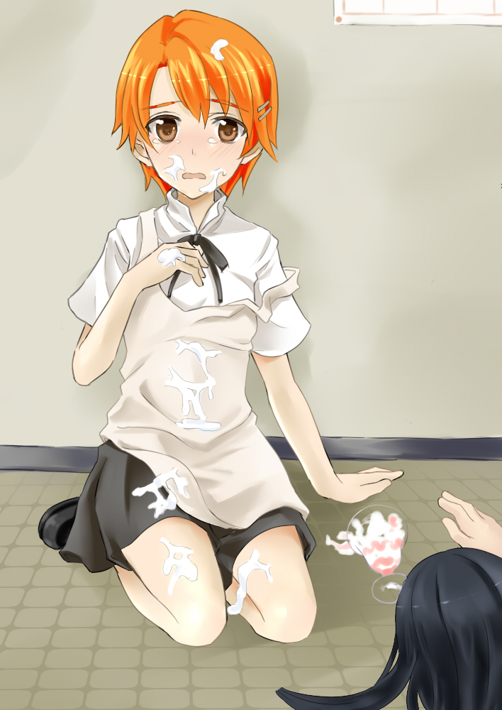 2girls, apron, arm_support, bad_id, bad_pixiv_id, blush, food, food_on_face, hair_ornament, hairclip, inami_mahiru, lying, multiple_girls, on_stomach, open_mouth, orange_eyes, orange_hair, parfait, sexually_suggestive, short_hair, sitting, skirt, tears, waitress, working!!, yamada_aoi, yuu_(archaic_smile)