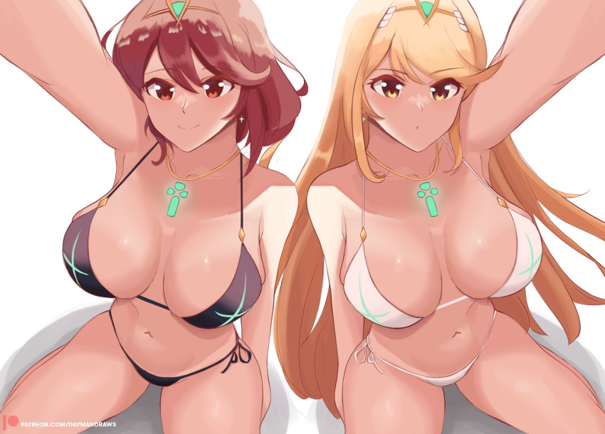 2girls, absurdres, arm_up, armpit_crease, bare_shoulders, bikini, black_bikini, blonde_hair