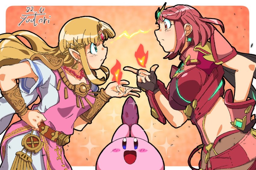 1other, 2girls, angry, black_gloves, blonde_hair, breasts, chest_jewel, clash, dress, earrings, fingerless_gloves, fire, floating_earrings, gloves, headpiece, jewelry, kirby, kirby_(series), large_breasts, long_hair, midriff, multiple_girls, nintendo, pantyhose, pantyhose_under_shorts, princess_zelda, pyra_(xenoblade), red_eyes, red_hair, red_shorts, short_hair, short_shorts, shorts, super_smash_bros., swept_bangs, the_legend_of_zelda, the_legend_of_zelda:_a_link_between_worlds, thighhighs, tiara, triforce, xenoblade_chronicles_(series), xenoblade_chronicles_2, you_bird
