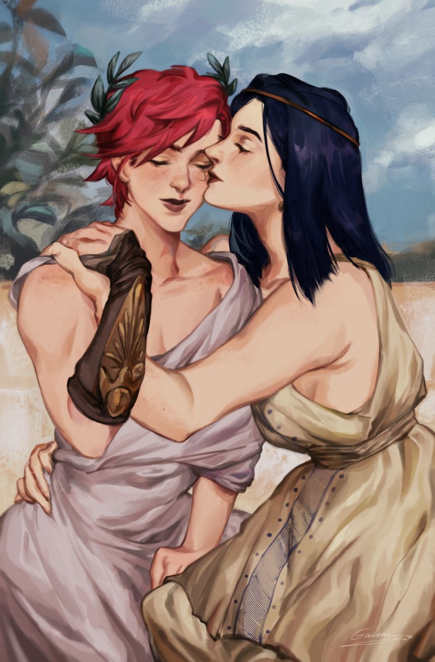 2girls, alternate_costume, bare_arms, bare_shoulders, beach, black_hair, caitlyn_(league_of_legends), character_name, closed_eyes, closed_mouth, collarbone, day, freckles, greco-roman_clothes, guiiay, highres, hug, laurel_crown, league_of_legends, long_hair, multiple_girls, outdoors, red_hair, red_lips, roman_clothes, short_hair, signature, vi_(league_of_legends), yuri