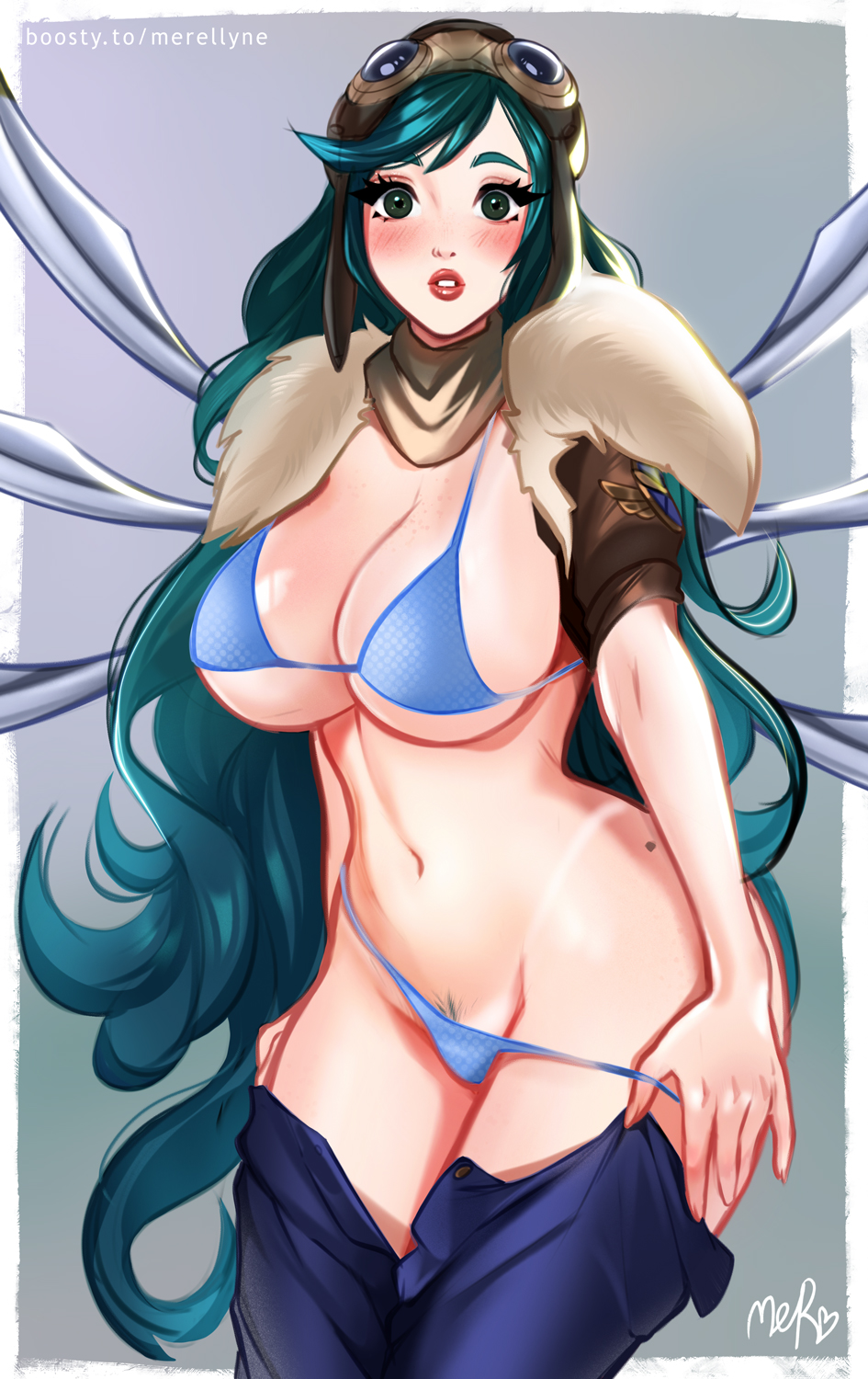 1girl, aviator_irelia, bikini, blue_bikini, blue_pants, blush, border, breasts, brown_jacket, cleavage, clothes_pull, fur-trimmed_jacket, fur_trim, green_hair, grey_background, highres, irelia, jacket, large_breasts, league_of_legends, lingerie, long_hair, merellyne, navel, open_clothes, open_jacket, open_pants, pants, pants_pull, parted_lips, red_lips, signature, solo, swimsuit, tan, teeth, two-tone_background, underwear, very_long_hair, watermark, web_address, white_border
