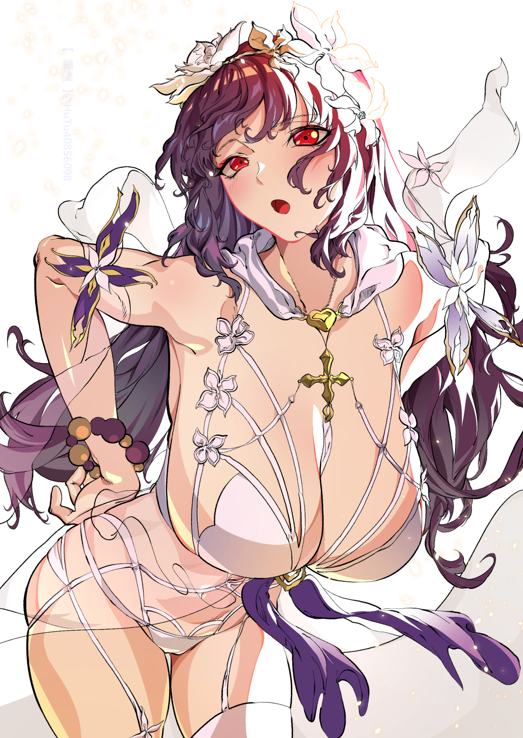 1girl, bead_bracelet, beads, bracelet, breasts, bridal_veil, brooch, cleavage