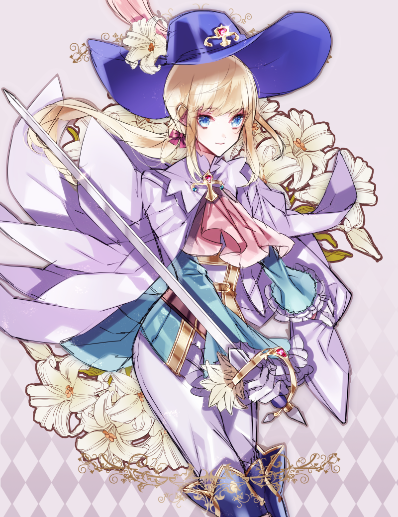 1other, androgynous, aqua_jacket, argyle_background, argyle_clothes, ascot, blonde_hair, blue_boots