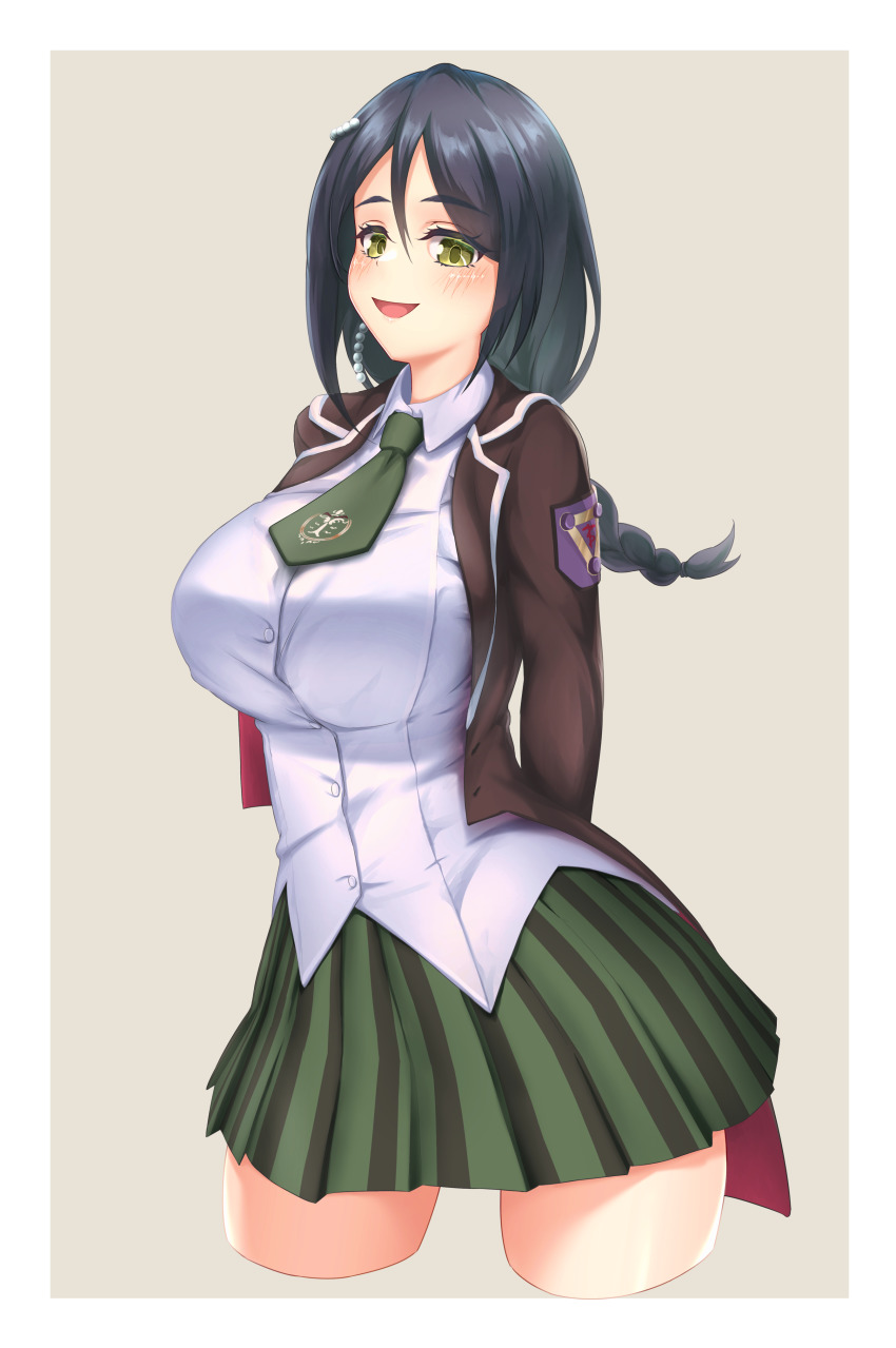 1girl, absurdres, arms_behind_back, assault_lily, black_hair, black_jacket, blush, border