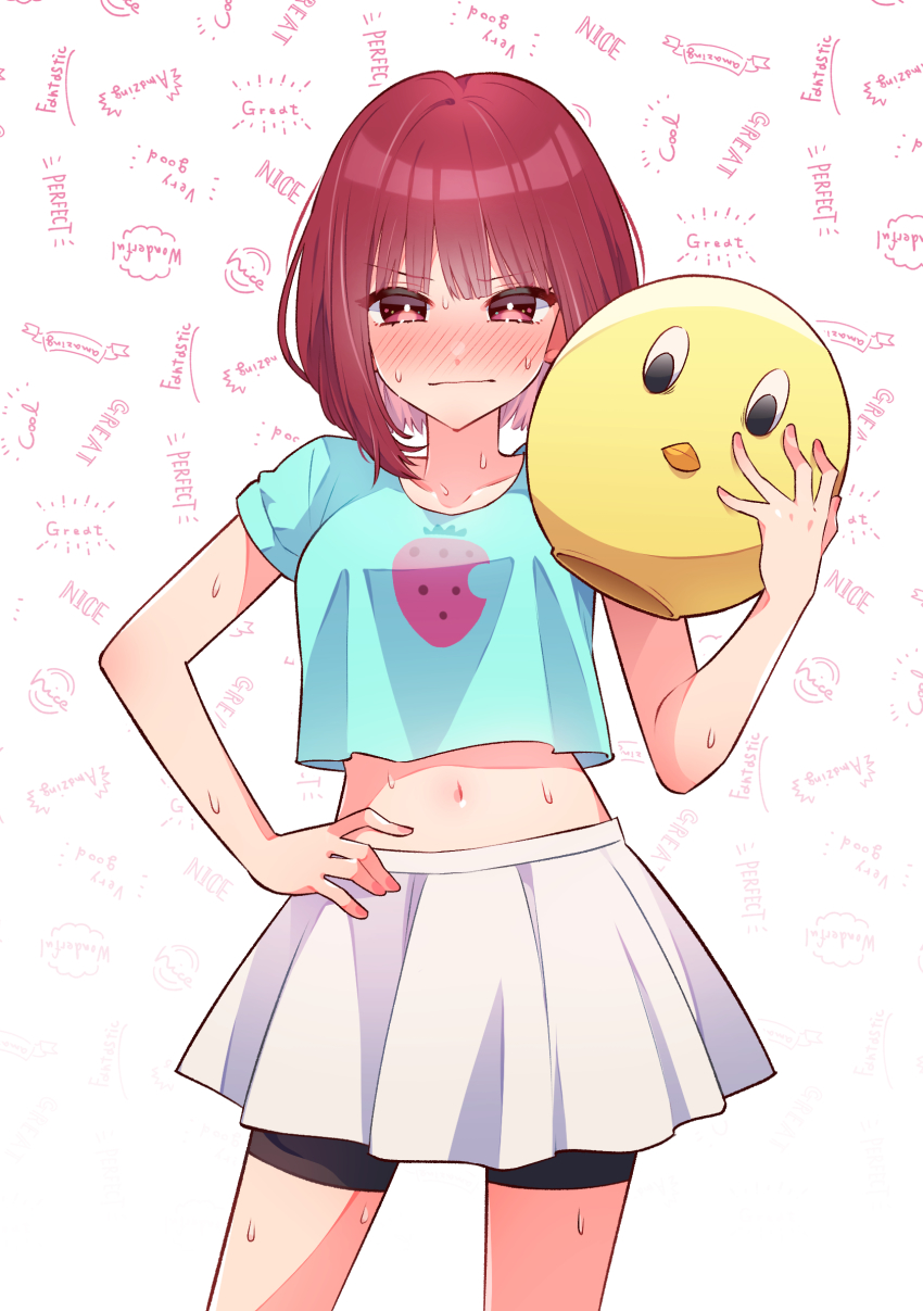 1girl, arima_kana, bike_shorts, blush, closed_mouth, embarrassed, facing_viewer, food_print, fruit_print, hand_on_own_hip, highres, holding, junjonta, looking_at_viewer, mask, medium_hair, midriff, navel, oshi_no_ko, red_eyes, red_hair, shirt, short_sleeves, skirt, solo, standing, strawberry_print, sweat, unworn_mask