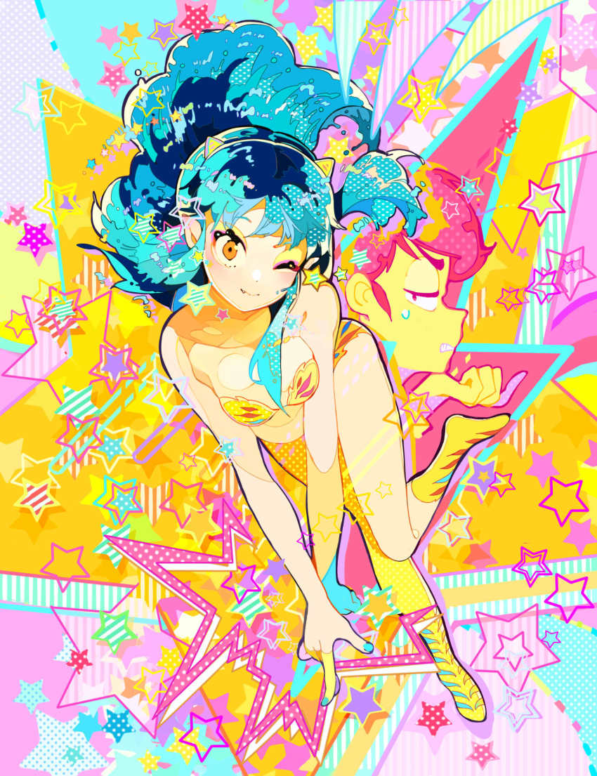 1boy, 1girl, bare_shoulders, bikini, blue_hair, blue_nails, closed_mouth, fang, half-closed_eyes, highres, horns, long_hair, looking_at_viewer, lum, moroboshi_ataru, n79oqc3yja6jlof, nail_polish, one_eye_closed, smile, socks, sweatdrop, swimsuit, teeth, urusei_yatsura, yellow_eyes