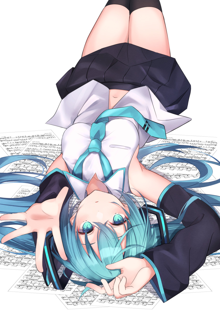 1girl, aqua_eyes, aqua_hair, aqua_necktie, armpits, arms_up, bare_shoulders, black_skirt