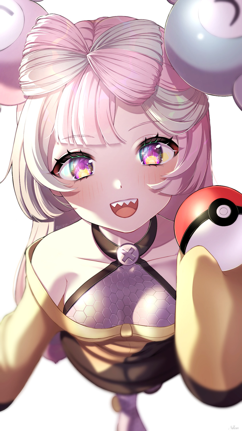 ball, bow-shaped_hair, character_hair_ornament, grey_pantyhose, hair_ornament, hexagon_print, highres, holding, holding_ball, holding_poke_ball, iono_(pokemon), jacket, long_hair, long_sleeves, low-tied_long_hair, multicolored_hair, nikon_(user_aznh7528), nintendo, oversized_clothes, pantyhose, poke_ball, poke_ball_(basic), pokemon, pokemon_scarlet_and_violet, sharp_teeth, single_leg_pantyhose, sleeves_past_fingers, sleeves_past_wrists, split-color_hair, teeth, x_(symbol), yellow_jacket