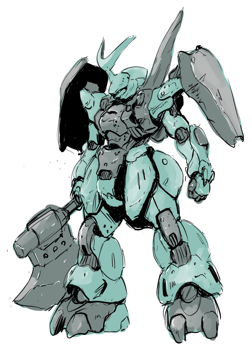 axe, blue_eyes, clenched_hand, dilanza_lauda_custom, full_body, gatakk, gundam, gundam_suisei_no_majo, highres, holding, holding_axe, mecha, no_humans, redesign, robot, science_fiction, sketch, white_background