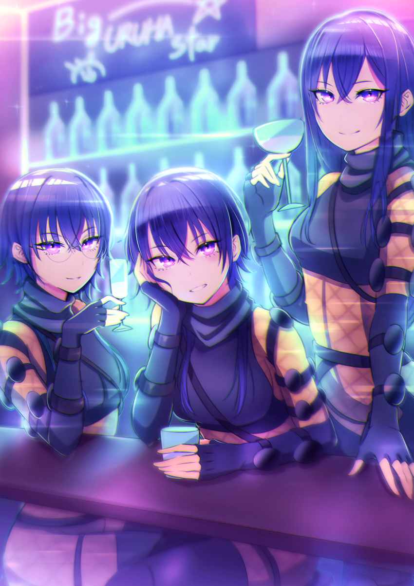 3girls, absurdres, apex_legends, black_gloves, black_hair, blue_hair, bodysuit, bottle
