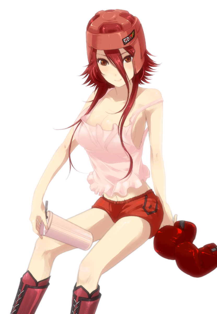 1girl, boxing, boxing_gloves, boxing_headgear, breasts, brown_eyes, cleavage, drink, drinking_straw, female_focus, highres, izayoi_aki, long_hair, oi_shibako, red_hair, shorts, sibaco, sitting, solo, strap_slip, tank_top, yellow_eyes, yu-gi-oh!, yu-gi-oh!_5d's