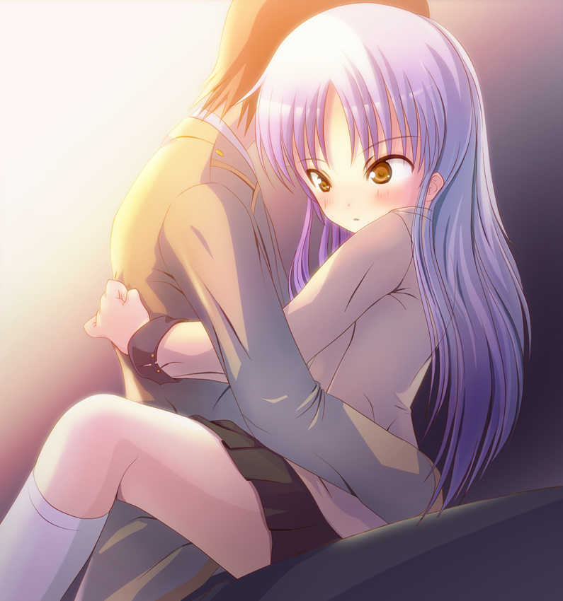 10s, 1boy, 1girl, angel_beats!, blue_hair, brown_eyes, hetero, hug, kamo_(rsrk), long_hair, otonashi_yuzuru, school_uniform, tenshi_(angel_beats!)