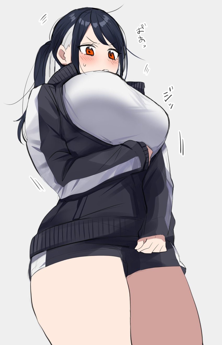 1girl, black_hair, blush, breasts, from_below, highres, huge_breasts, inconvenient_breasts