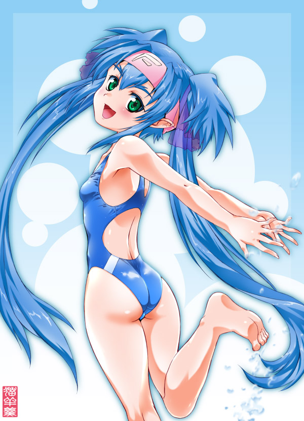 1girl, armpits, arms_behind_back, ass, back, barefoot, blue_hair, blush