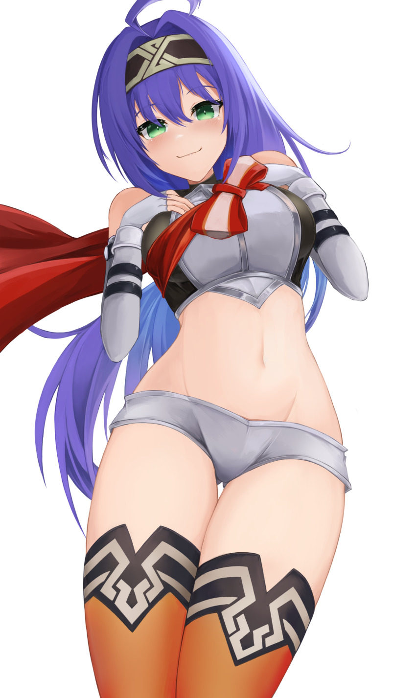 1girl, ahoge, bare_shoulders, black_hairband, breasts, commentary_request, cowboy_shot, crop_top, elbow_gloves, fingerless_gloves, fire_emblem, fire_emblem:_radiant_dawn, fire_emblem_heroes, gloves, green_eyes, grey_gloves, grey_shorts, hair_between_eyes, hairband, highres, large_breasts, long_hair, looking_at_viewer, mia_(fire_emblem), mia_(resplendent)_(fire_emblem), micro_shorts, midriff, navel, nintendo, official_alternate_costume, orange_thighhighs, purple_hair, ryuusaki_rei, shirt, short_shorts, shorts, simple_background, sleeveless, sleeveless_shirt, smile, solo, standing, stomach, thighhighs, thighs, very_long_hair, white_background