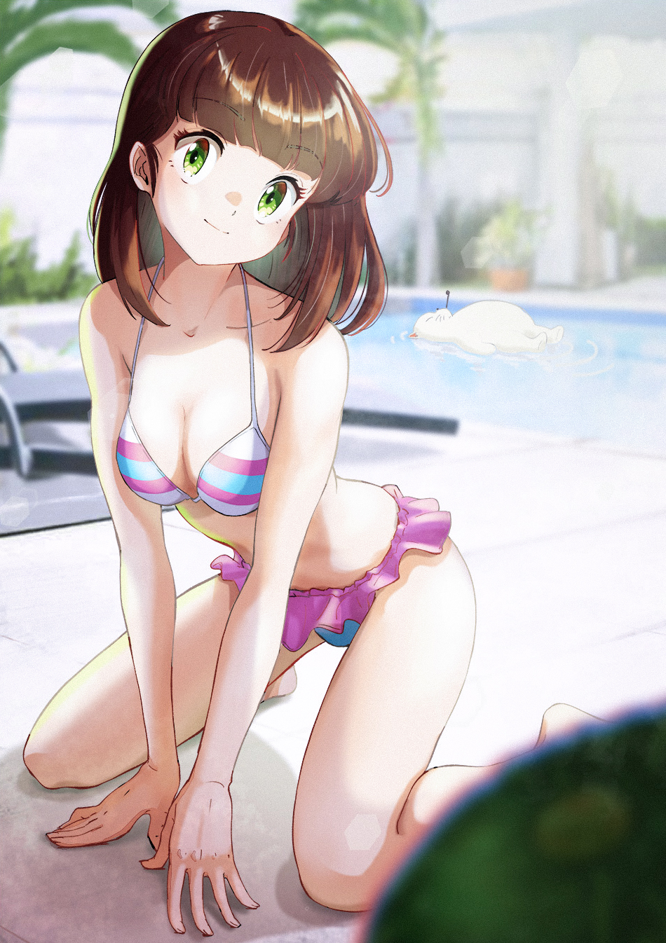 1girl, arakan, bare_arms, bare_shoulders, bikini, blunt_bangs, blurry, blurry_background, breasts, brown_hair, cleavage, commentary_request, day, depth_of_field, frilled_bikini, frills, green_eyes, hands_on_floor, head_tilt, highres, kneeling, kotatsu-neko, looking_at_viewer, medium_breasts, medium_hair, miyake_shinobu, outdoors, palm_tree, plant, pool, potted_plant, ripples, smile, smoking_pipe, smoking_pipe_in_mouth, solo, sunlight, swimsuit, tree, urusei_yatsura, water