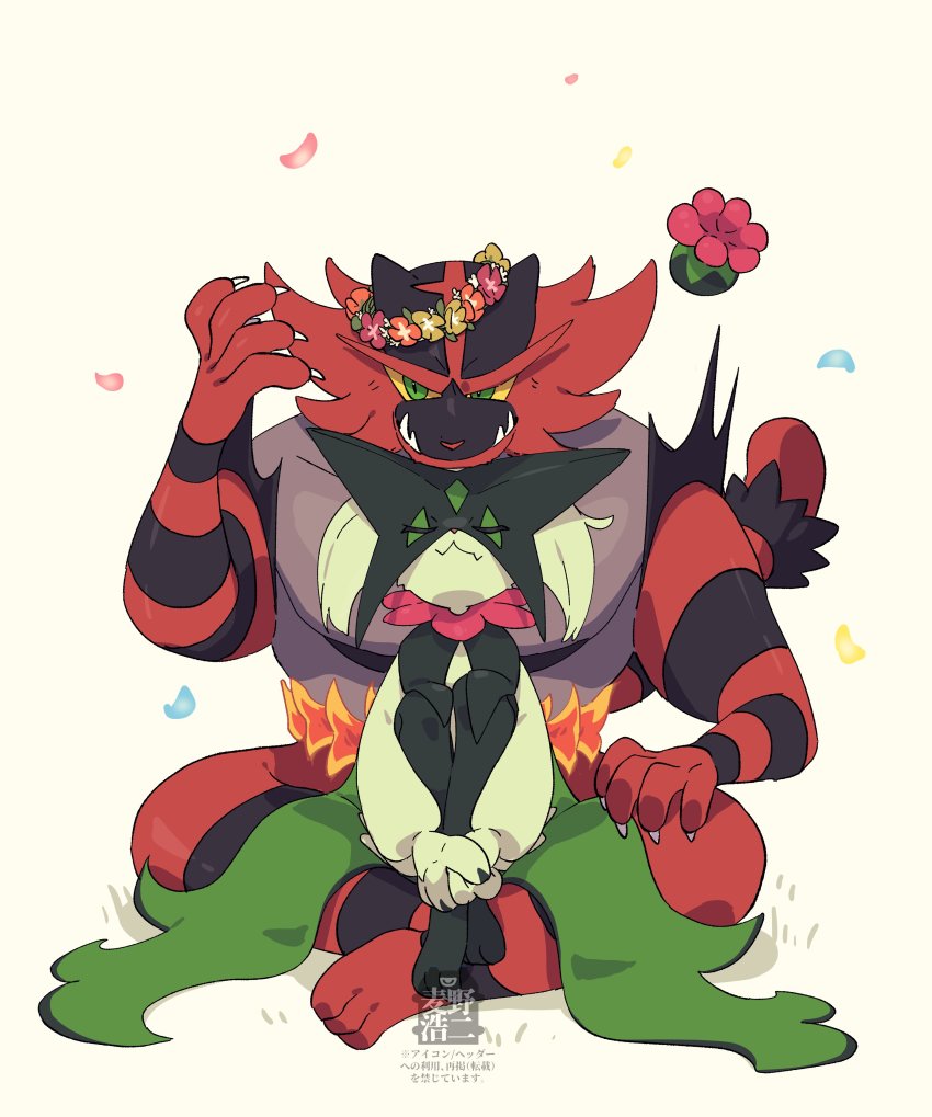 :3, absurdres, black_fur, claws, closed_eyes, colored_sclera, fangs, gen_7_pokemon, green_eyes, green_fur, head_wreath, highres, hugging_own_legs, incineroar, mask, meowscarada, mugino_kouji, nintendo, no_humans, pokemon, pokemon_(creature), red_fur, sitting, sitting_on_lap, sitting_on_person, smile, two-tone_fur, yellow_sclera